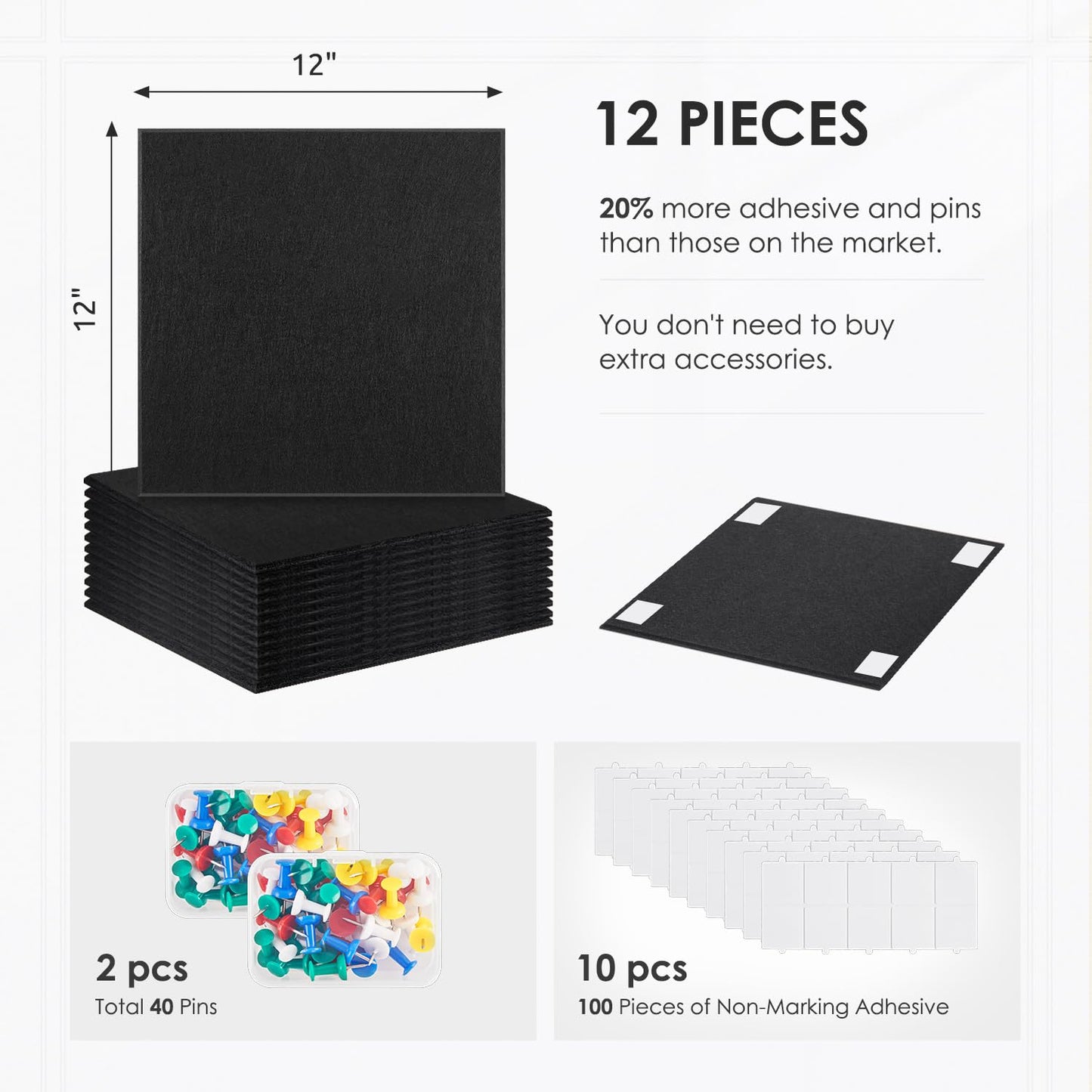 Large Felt Bulletin Board 48" x 36", Cork Board Alternative, 12 Pack Felt Wall Tiles with Push Pins and Adhesive Tabs, Cork Boards for Walls Pin Board for Office & HomePanels, Black