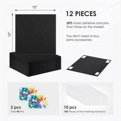 Large Felt Bulletin Board 48" x 36", Cork Board Alternative, 12 Pack Felt Wall Tiles with Push Pins and Adhesive Tabs, Cork Boards for Walls Pin Board for Office & HomePanels, Black