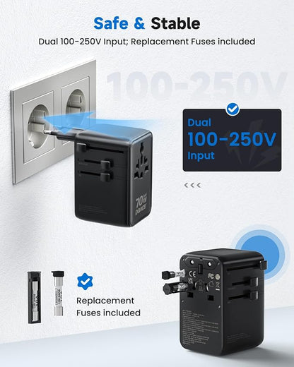 DOACE 70W Universal Travel Adapter, 6-in-1 International Plug with Built-in USB-C Cable, PD Fast Charging Worldwide Wall Charger for EU/UK/US/AU