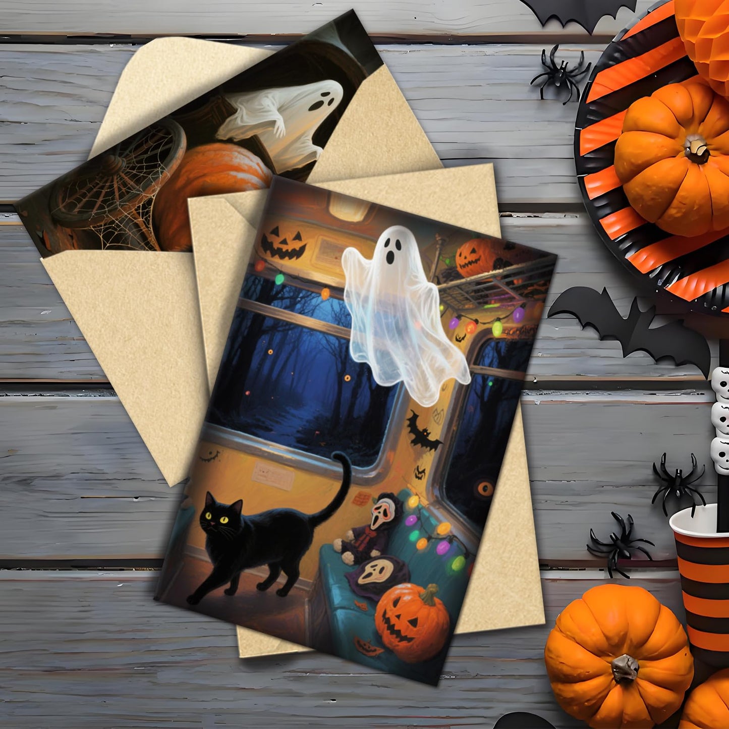 SuperShunhu 24 Pack Black Cat & Ghost Themed Halloween Card Set, Boxed Halloween Cards for Friends and Family, Spooky Blank Note Cards with Cats and Ghosts, 4 * 6 in