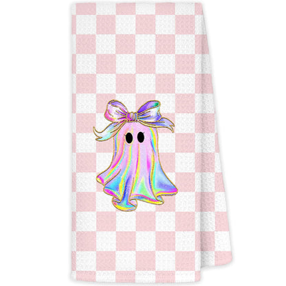 JINYO Ghost Kitchen Towels, Pink and White Checkered Hand Towels for Bathroom Kitchen Decor, Halloween Decorative Dish Tea Towels, 16x24 Inch