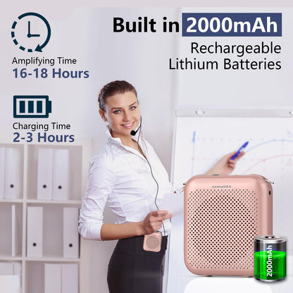 Norwii Bluetooth Voice Amplifier, Power Amplifiers, Portable Mini Wired Microphone Headset for Teacher Classroom & Outdoor Lectures, Teaching, Tour Guides, USB-C Rechargeable - 2000mAh, Rosegold