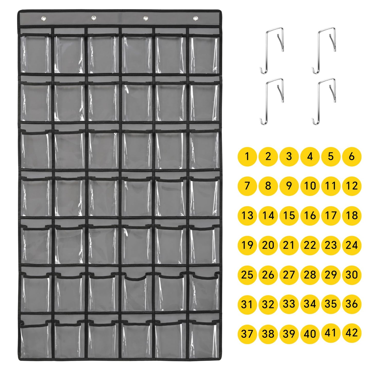 SAVERHO 42 Pocket Classroom Pocket Chart for Cell Phones and Calculator,Clear Cellphone Pocket Chart for Classroom with Number Sticker and hooks (Grey-42 Pockets)