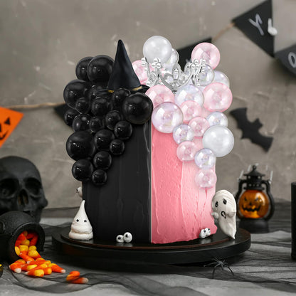 Geelin 42pcs Witch Theme Party Supplies Black Balloons Cake Topper Mini Balloons, Silver Plastic Crown and Black Women Witch Hat Fantasy Decoration Balls for Birthday Cake Decoration