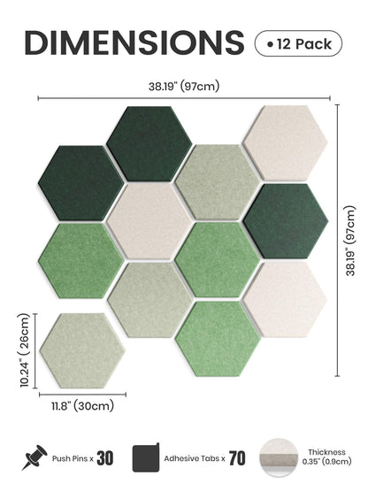 Fluxynara Hexagon Cork Board Alternative for Walls Decor-12-Pack Felt Bulletin Board Tiles,with 30 Pushpins,70 Adhesive Tabs for Office,Classrooms & Home Pin Board Felt Board-Sagewood