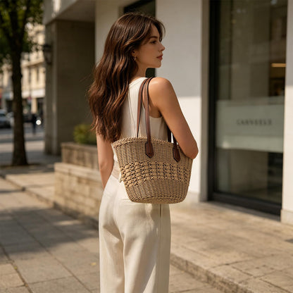 OKoriensuntek Straw Tote Bag Woven Beach Bag for Women, Large Capacity Summer Shoulder Bag with Leather Handles, Boho Handwoven Tote for Travel, Beach, Everyday Use，Brown