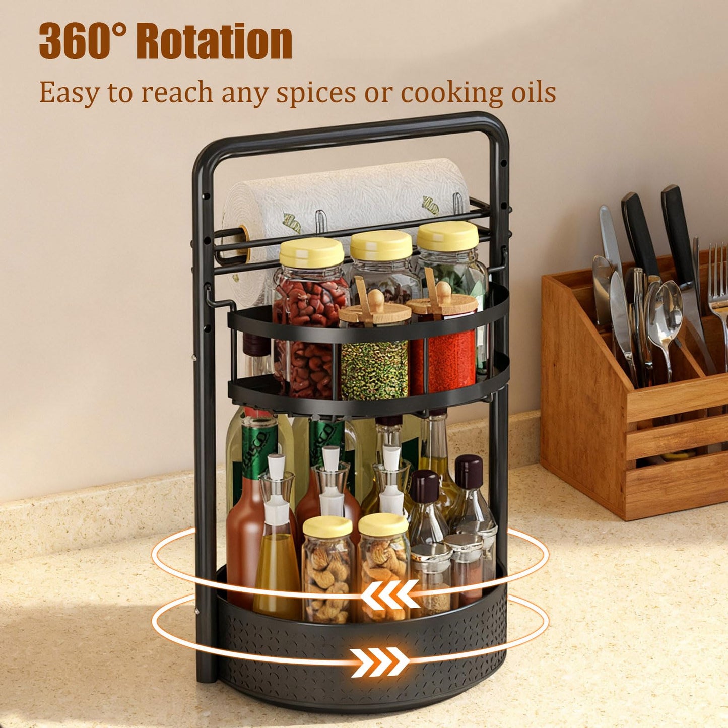 JEESA Rotating Spice Rack with Paper Towel Holder, Black
