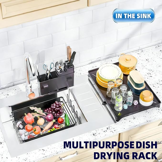 Simple Trending Dish Drying Rack, Space-Saving Large Dish Rack for Kitchen Counter, Anti-Rust Dish Drainer with Cutlery & Cup Holders, Black