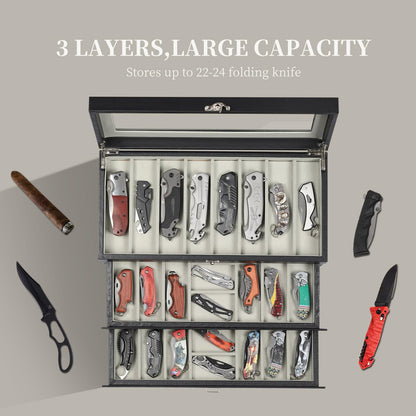 AUTOARK 3-Tier PU Leather & Velvet Knife Organizer with 26 Slots,Transparent Glass Top & Drawer,Compact Storage for Pocket Knives,Ideal for Men's Collections & Gifts,Black,MKAW016
