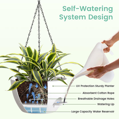 UOUZ Set of 3-10 Inch Self Watering Hanging Planters for Indoor Outdoor，Hanging Plant Pots with Drainage & Removable Tray, Hanging Pots for Pothos Plant, Spider Plants, Ferns, Balcony & Patio, White