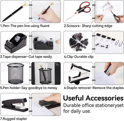 Black Desk Accessories, Office Supplies Set with Stapler, Tape Dispenser, Staple Remover, Pen Holder, Scissor, Binder/Paper Clips, Ballpoint Pen, Clear Tape and 1000pcs Staples