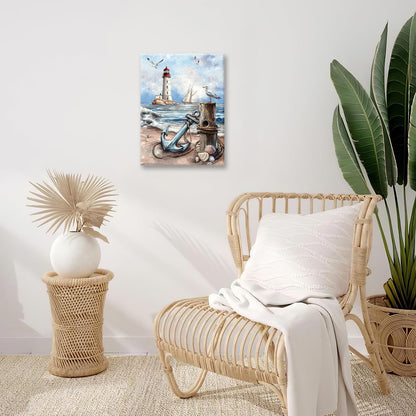 Nautical Wall Art Beach Lighthouse Anchor Pictures Wall Decor Coastal Canvas Prints Framed Paintings Artwork For Bathroom Kitchen Bedroom Dinning Room Living Room Office 12"x16"