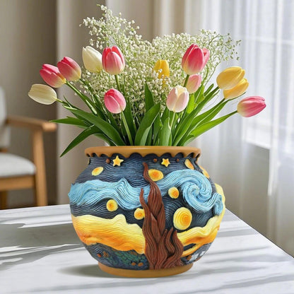 Starry Night Flower Pot – Fancy Theme Planter for Indoor & Outdoor Plants, Hand-Painted Plant Pot with Drainage Hole, Pretty Pot for Artificial or Real Plants, 6.8" Wide