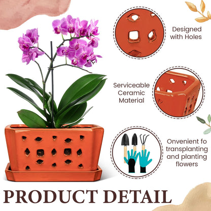 Teenyyou 1 Set Orchid Pot with Holes 9.5 Inch Ceramic Orchid Pot with Saucers for Repotting Amaryllis Flower Planter Include Gardening Shovel Set and Gloves for Home Decor(Terracotta)