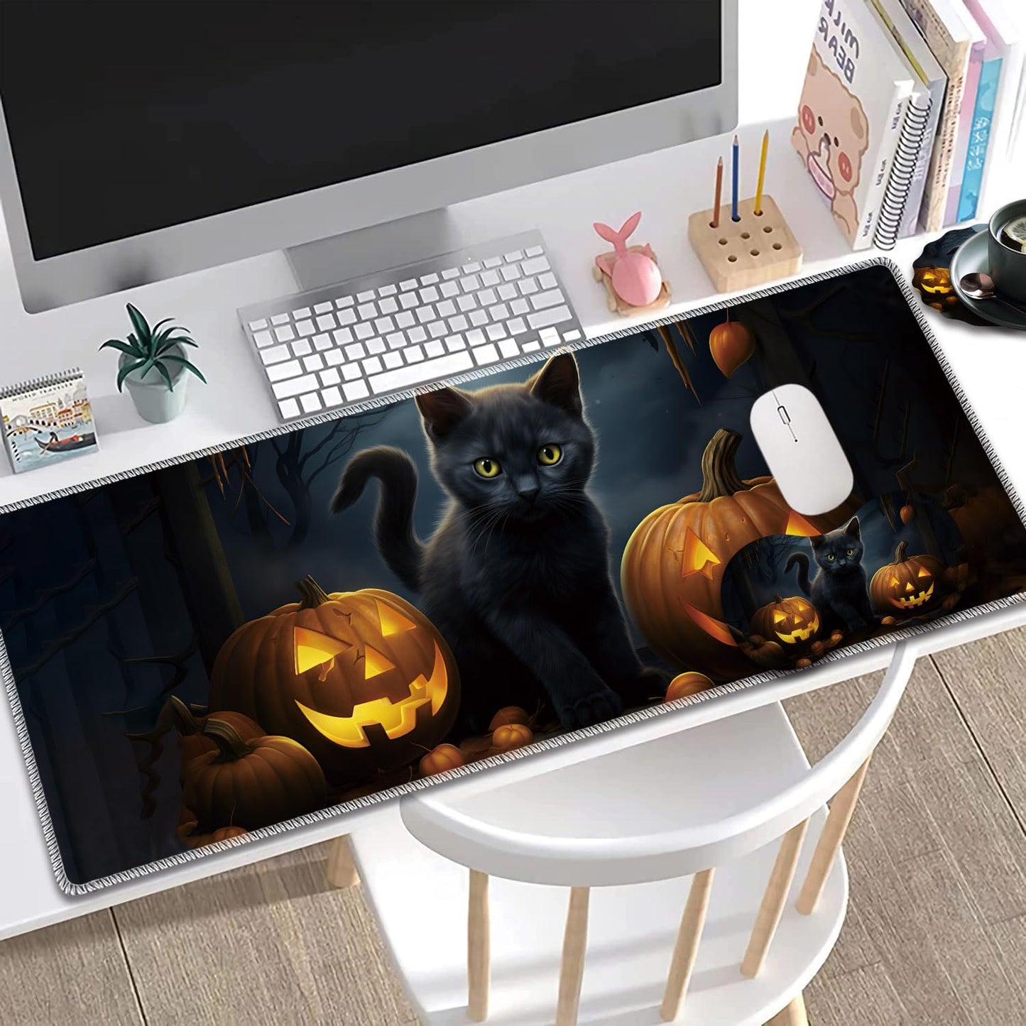 Large Gaming Mouse Pad + Mouse Wrist Rest Pad + Coaster Combination, 31.5 "x 11.8" Durable Non-Slip Extension Table Mat, Suitable for Office and Home, Halloween Black Cat