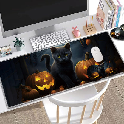 Large Gaming Mouse Pad + Mouse Wrist Rest Pad + Coaster Combination, 31.5 "x 11.8" Durable Non-Slip Extension Table Mat, Suitable for Office and Home, Halloween Black Cat