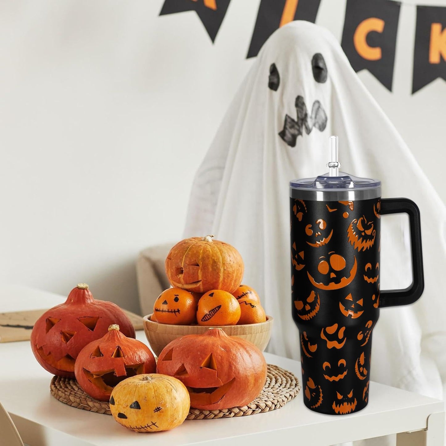 CHOKOMETRY 40 oz Halloween Tumbler With Handle Lid and Straw,5D Orange Pumpkin Ghost Face Print Tumblers,Halloween Stainless Steel Insulated Travel Mug Black Coffee Cup Gifts for Women Men Adults