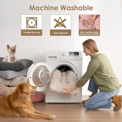 EHEYCIGA Washable Large Dog Bed for Crate 35x23 Inch, Kennel Pad for Dogs Up to 45 lbs, Plush and Comfy Pet Sleeping Mat, Beige