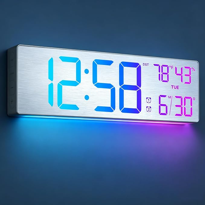 18.5" Large Digital Wall Clock with Remote Control, Big LED Display Digital Clocks with Night Light, Alarm, DST, Temp, Date for Living Room, Bedroom, Office, Classroom, Gifts for Seniors(Silver)