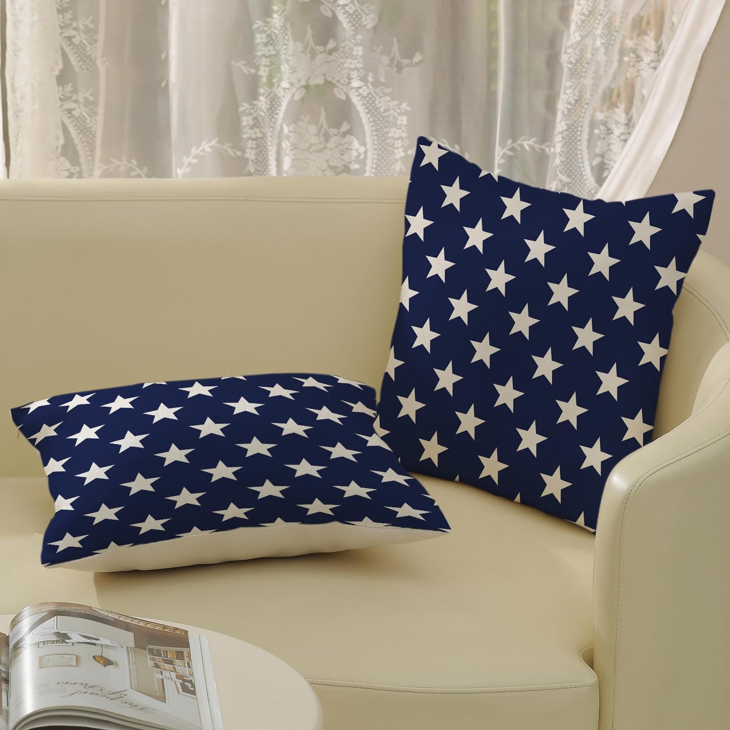 AGAYNA 4th of July Pillow Covers 18x18 Blue and Cream Patriotic Stars Outdoor Decor Throw Pillows for Couch Independence Day Memorial Day Pillowcase Decorative Cushion Case for Sofa Bed Set of 2