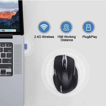 TECKNET Wireless Mouse Rechargeable, 2.4G USB-A Silent Mouse, Quiet Click, 6 Adjustable 4800 DPI, Cordless Computer Mice, Ergonomic Mice for Laptop, 6 Buttons for Chromebook, Ergo Grip - Black