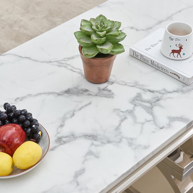 3 Piece Living Room Table Set Include 1 Faux Marble Coffee Table & 1 End Table & 1 Console Table, Modern White Silver Coffee Table Set of 3 with Double O Shape Stainless Steel Pedestal Base