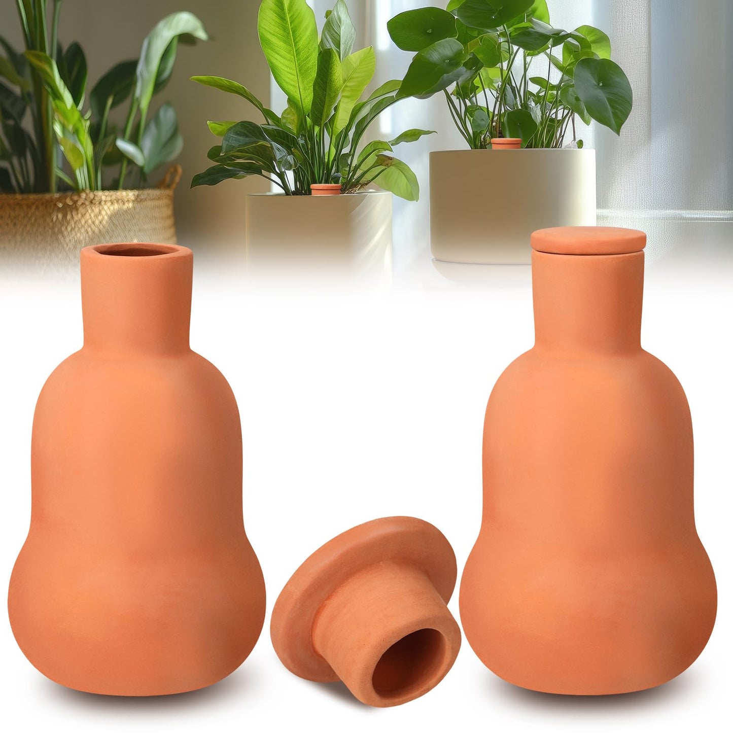 Blushtier 2 Pcs Olla Terracotta Watering Pot with Lid Large15 oz Terra Cotta Self Watering Pots for Indoor Outdoor Plants Self Irrigate Spikes Ceramic Plant Waterer Set