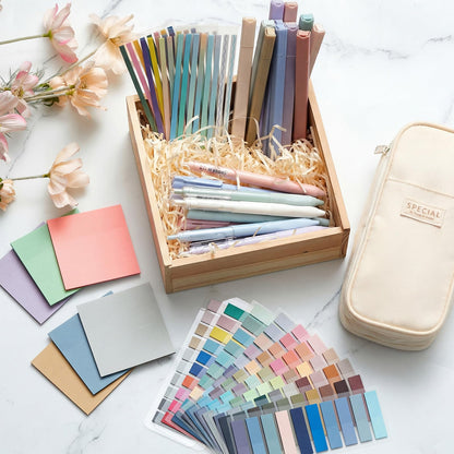 Trandraft 135 Pcs Book Annotation Kit with Pencil Case, 12 Pastel Highlighters, 11 Gel Pens, Fine Marker, 300 Transparent Sticky Notes, 2640 Index Tabs, Bible Study Supplies Kit(Classic,Beige)