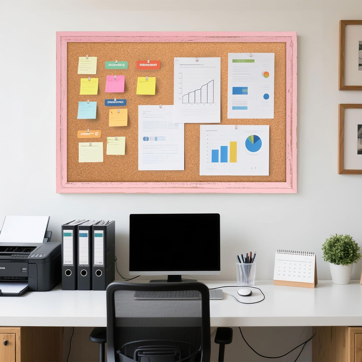 QUEENLINK Cork Bulletin Board 36" x 24", Wall Mounted Cork Board with Pink Wooden Frame, Decorative Pin Board for Office, Home & Classroom Decor, White