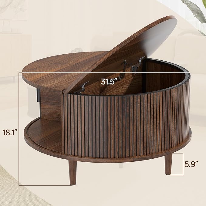 Round Coffee Table with Storage, Mid Century Modern Coffee Table, Fluted Dining Table with Sliding Door, Circle Coffee Table for Living Room Home Office, 31.5", Walnut