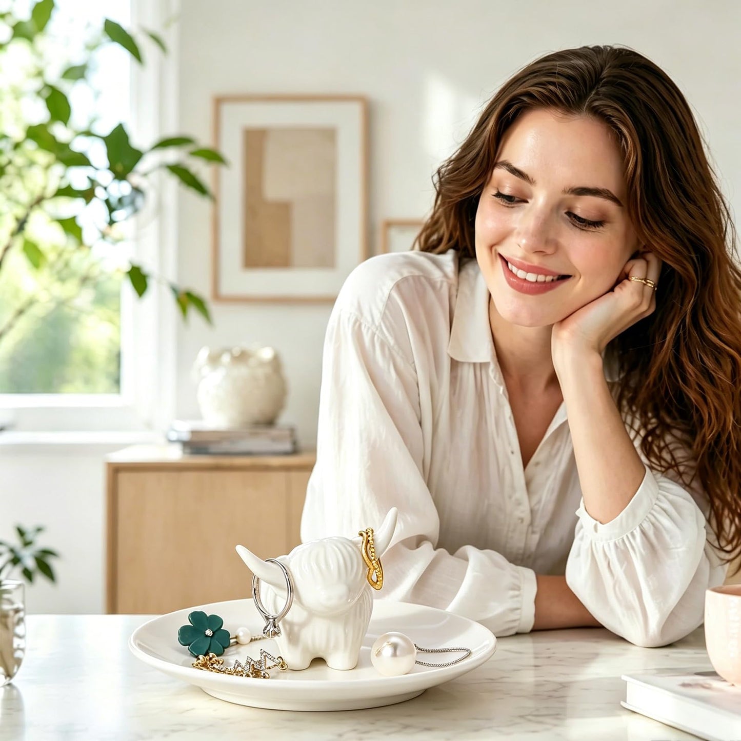 Highland Cow Ring Holder Dish Cute Unique Ceramic jewelry Dish Tray Home Decor Gift for Women Girls Birthday Wedding Graduation Valentines, Jewelry Plate Organizer for Earrings Bracelets Necklace