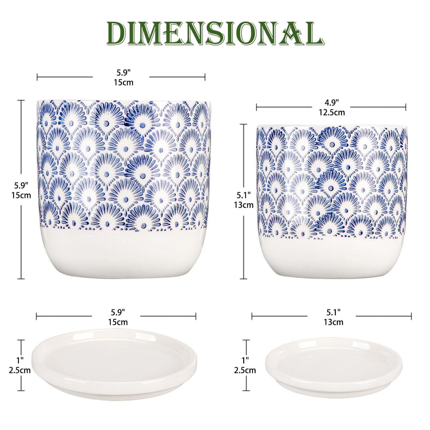 Ceramic Planter Pots for Indoor Outdoor, 5+6 inch Round Flower Pots with Drainage Hole and Tray, Blue and White Plant Pots for Succulent Orchid Flower, Gardening Home Desktop Office Use(Set of 2)