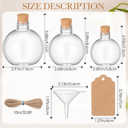 Baderke 24 Pcs Spherical Plastic Potion Bottles with Cork 3, 5, 6 oz Ball Shape Round Sand Art Bottles with mini Funnels for Wedding Cocktail Ornament Decorative Candy Jar Drink DIY Crafts