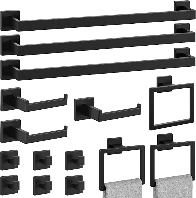 15-Pieces Matte Black Bathroom Accessories Set, 24 Inch Bathroom Hardware Set, SUS304 Stainless Steel Bath Towel Bar Set, Towel Racks for Bathroom Wall Mounted