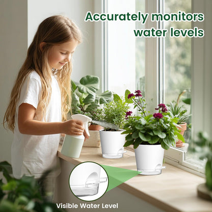 Meowell 4 inch Self Watering Pots for Indoor Plants, 5 Pack Small Flower Plant Pots with Drainage Holes and Clear Reservoirs, Visible Water Level, Plastic Planters with Wicking Rope, White