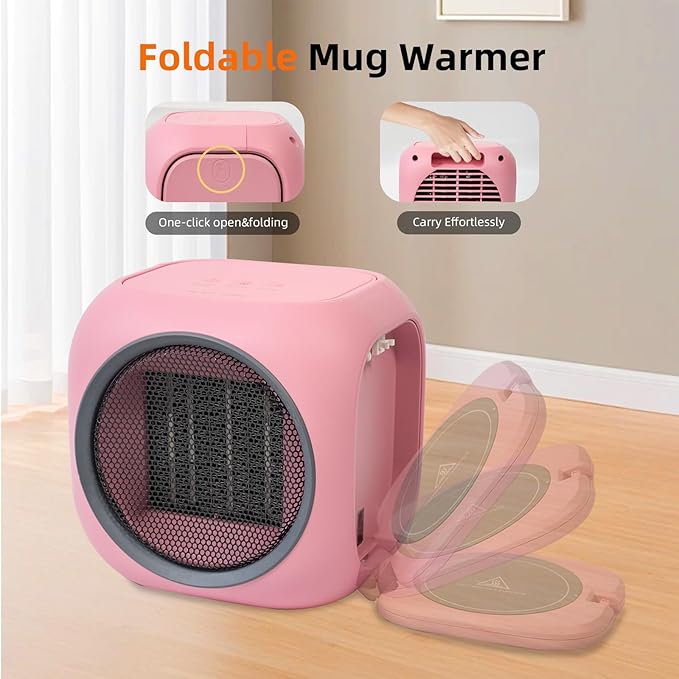 Space Heater with Mug Warmer, Electric Space Heaters for Indoor Use with Thermostatc, Candle Warmer Pate for Bedroom, Office, Large Room Use