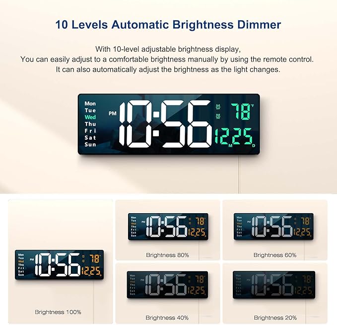 Digital Wall Clock Large Display, 16" with Remote Control for Living Room Gym Shop Warehouse Office Garage Decor, Auto Brightness Dimmer Reloj De Pared with Date Week Temp (Green)