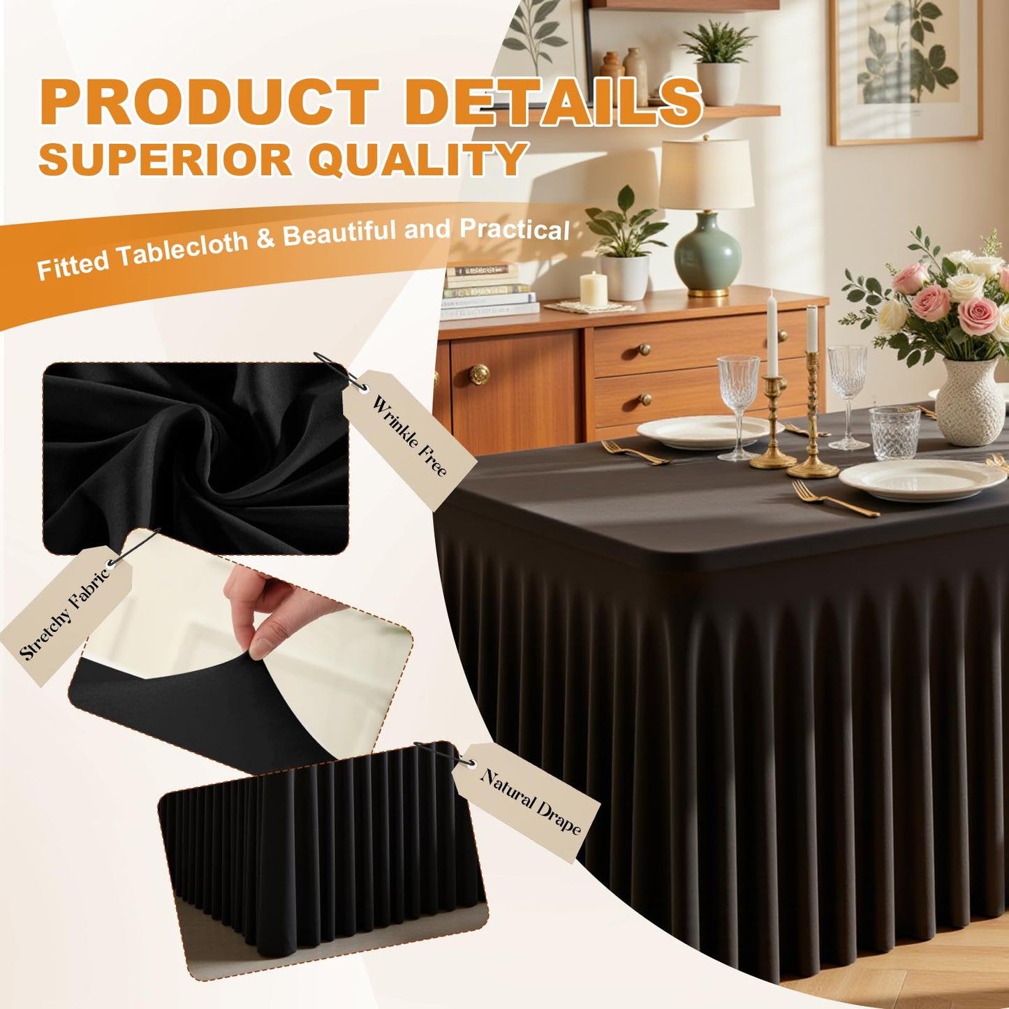 GEWONELIFE Black Rectangle Spandex Tablecloth, Fitted Stretch Table Cover for 6FT Rectangular Tables, Wrinkle-Free Elastic Table Skirt for Graduation Wedding Party Banquet Birthday Buffet Restaurant