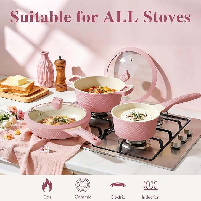 Pots and Pans Set Non Stick, 26PCS Nonstick Cookware Set, Induction Cook Ware, Includes Steamer & Silicone Utensils, Housewarming Gift, Pink Kitchen Cooking Sets w/Frying pan (PFOS, PFOA Free)