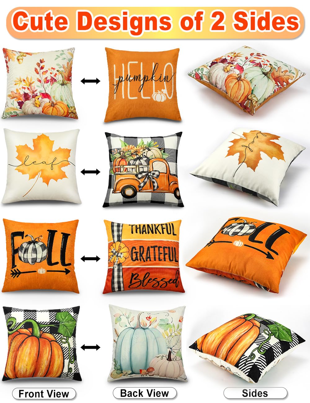 TOYPOPOR Fall Decorations Pillow Covers Double-Side Printing 16'' x 16'' Set of 4, Pumpkins Thankful Blessed Buffalo Plaid Fallen Leaves Thanksgiving Throw Cushion Cases for Outdoor Indoor Home Decor