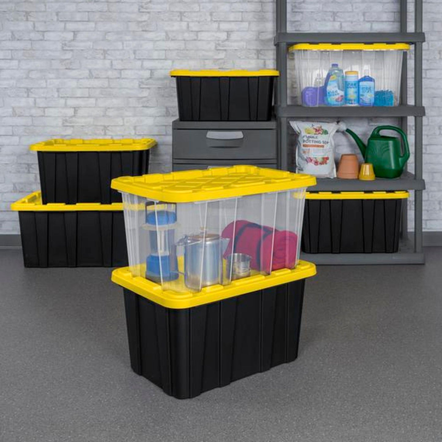 Sterilite 4-Pack 27 Gallon Industrial Storage Tote, Heavy-Duty Plastic Bins, Black/Yellow - Stackable Utility Organizers with Lids for Garage, Camping Tools, and Outdoor Gear