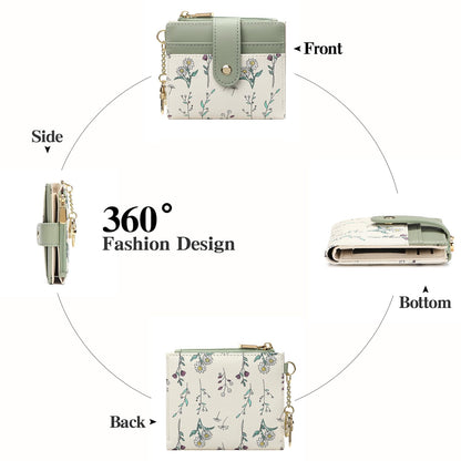 GAEKEAO Small Wallet for Women RFID Blocking Slim Bifold Floral Leather Card Holder with Zipper Pocket ID Window