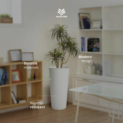 Worth 2 Pack 28" Tall Narrow Metal Planter with Inside Pot for Indoors or Outdoors, Deck, Patio or Front Porch, Hand-Hammered Texture, White