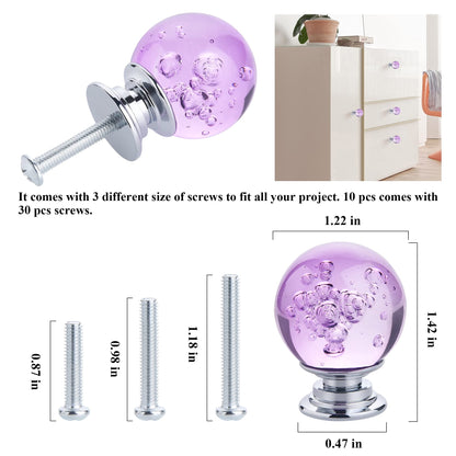 IEIK 10 PCS Crystal Cabinet Knobs Round Glass Bubbles Dresser Knobs Smooth Drawer Knobs Handle for Home, Cabinet, Drawer and Dresser Hardware with 3 Different Size Screws, 30MM (Purple)