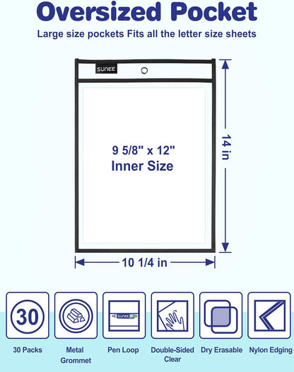 SUNEE 30 Packs Oversized Reusable Dry Erase Pocket Sleeves with 2 Rings, Black 10x14 Ticket Holders, Clear Plastic Sheet Protectors, Teacher School Classroom Supplies