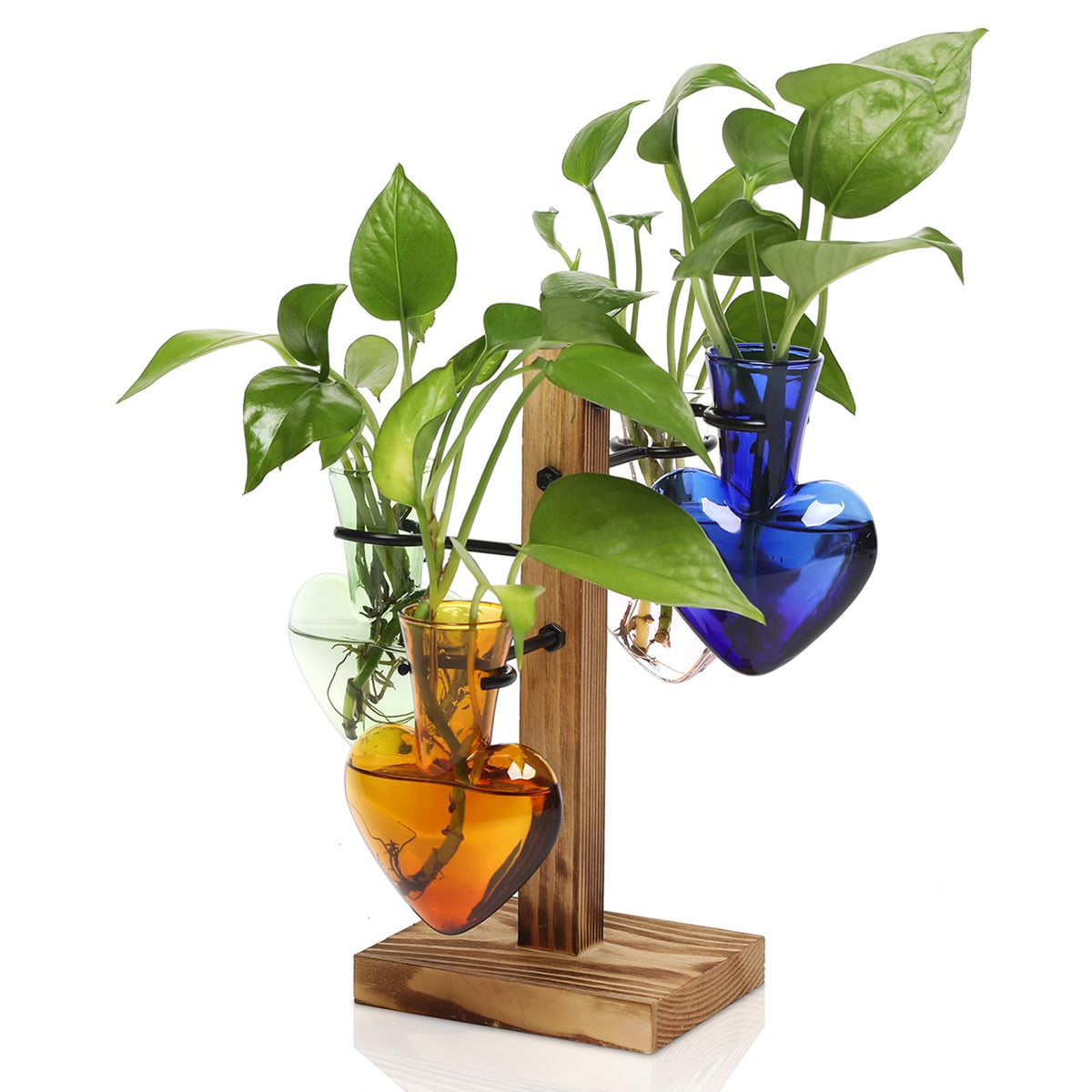 CYZglass Plant Terrarium Propagation Stations with Wooden Stand, Glass Vase for Indoor Hydroponics Home Garden Office Decoration Gift for Women - 4 Love Bulb Vase