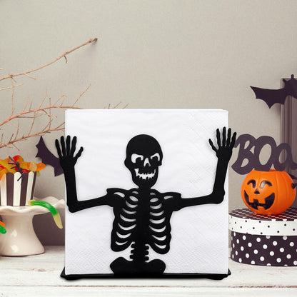 FYSUIMU Halloween Skeleton Napkin Holder Matte Black Metal Freestanding Tissue Dispenser Vertical Tabletop Decor Napkin Holder for Party Home Kitchen Restaurant Picnic