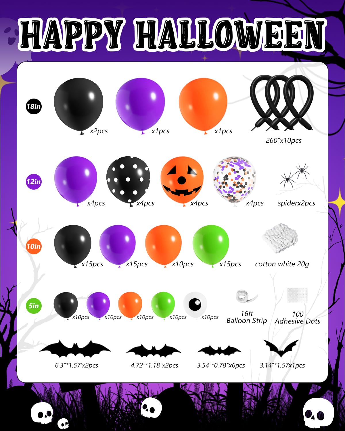 136Pcs Halloween Balloon Garland Arch Kit with Purple Black Orange Green Eyes Balloons, Bats, Spider Web for Halloween Party Decorations