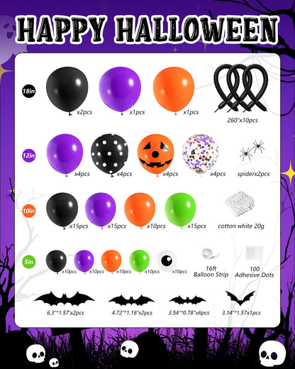 136Pcs Halloween Balloon Garland Arch Kit with Purple Black Orange Green Eyes Balloons, Bats, Spider Web for Halloween Party Decorations