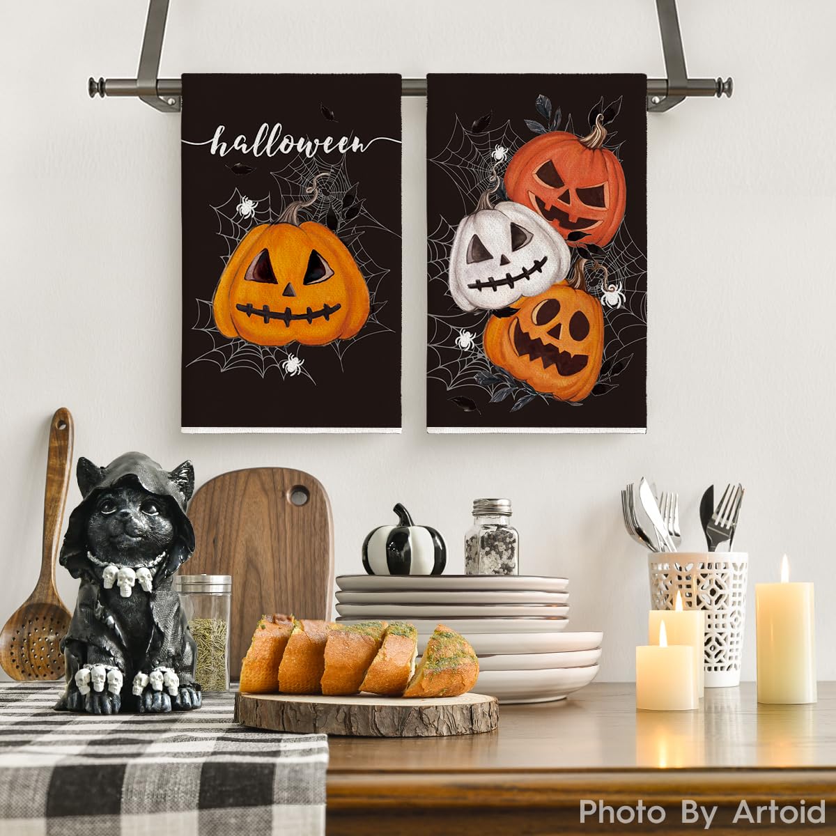 Artoid Mode Black Pumpkin Halloween Kitchen Towels Dish Towels, 18x26 Inch Spider Web Jack-O'-Lantern Decoration Hand Towels Set of 2